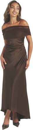 Six Stories Bardot Detail Satin Midaxi Dress in Mocha at Nordstrom, Size 6