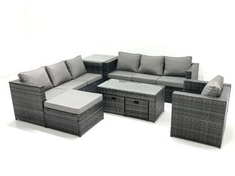 Fimous Outdoor Garden Furniture Set 10 Seater Rattan Sofa Set with Coffee Table 3 Big Footstools Armchair Side Table Dark Grey Mixed