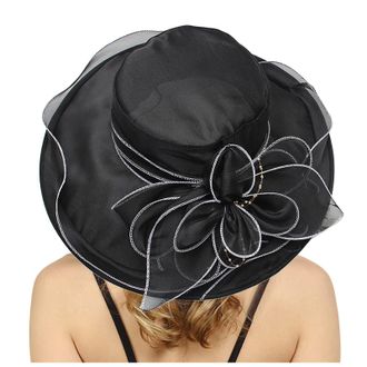 Generic Organza Wide Brim Wedding Hats Womens Sun Hat Ladies Bridal Summer Gauze Cap for Church Floral Bride Party Elegant Large Ladies Fedoras Dark Gray One 