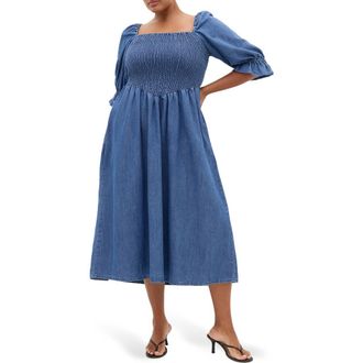 City Chic Kaitlyn Smocked Denim Dress in Mid Wash at Nordstrom, Size Xxxs