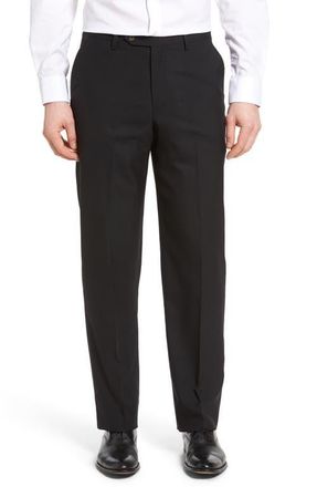 Berle Lightweight Plain Weave Flat Front Classic Fit Trousers in Black at Nordstrom, Size 36