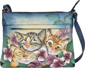 Anuschka Women Hand Painted Leather Medium Crossbody-Three Kittens Blue, One Size