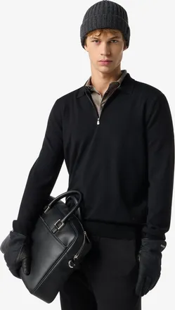 Corneliani Black zip-up extra fine wool polo shirt