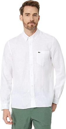 Lacoste Long Sleeve Regular Fit Linen Button-Down with Front Pocket Mens Short Sleeve Button Up White : XL/2XL (Euro 60)