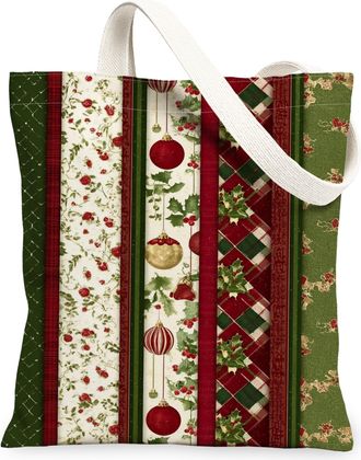 Generic Christmas Flowers Canvas Tote Bags, Vintage Holiday Design Reusable Grocery Bags, Lightweight Washable Shoulder Strap Canvas, Green, 13x15 Inch