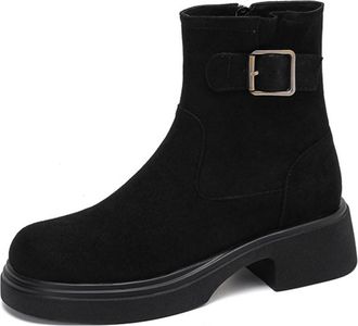 Generic Womens Faux Suede Short Boots with Zipper Mid Block Heel Combat Boot Round Toe Ankle Boots with Buckle,Black,5.5 UK