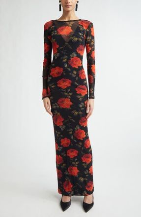 Carolina Herrera Rose Print Long Sleeve Mesh Dress in Black Multi at Nordstrom, Size X-Small