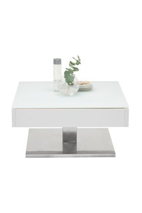 Xora Couchtisch, Wei&szlig;, Edelstahlfarben, Metall, Glas, Holzwerkstoff, quadratisch, S&auml;ule, Bodenplatte, 75x38x75 cm, Stauraum, Wohnzimmer, Wohnzimmertische, 