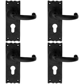 Loops 4x PAIR Forged Curved Handle on Euro Lock Backplate 155 x 54mm Black Antique