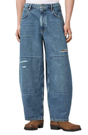AllSaints Slouchy Barrel Leg Jeans in Destroy Mid Indigo at Nordstrom, Size 38 X 32