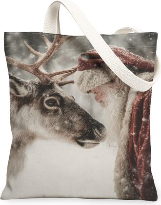 Generic Christmas Reindeer Canvas Tote Bags, Winter Animal Print Reusable Grocery Bags, Vintage Lightweight Washable Shoulder Strap, Beige, 13x15 Inch