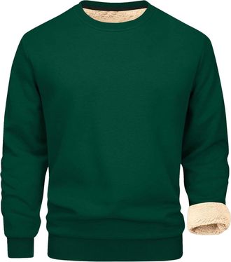 Generic Mens Fleece Round Neck Fleece Jumpers Sweatshirt Sherpa Lined Pullover Sweater Thick Warm Winter Sweatshirt Thermal Fluffy Sweatshirt Casual Solid Col