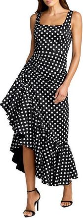 Mac Duggal Sleeveless Polka Dot Midi Dress with Ruffled Hem in Black Ivory at Nordstrom, Size 10