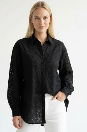 Exquise Long Sleeve Broderie Anglaise Shirt in Black at Nordstrom, Size X-Large