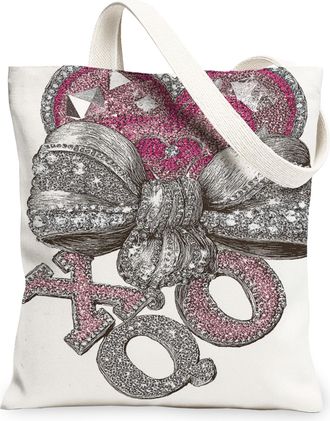 Generic Glamorous Heart Bow Canvas Tote Bags, Stylish Glitter Pattern Reusable Grocery Bags, Vintage Lightweight Washable Canvas Fo, White, 13x15 Inch