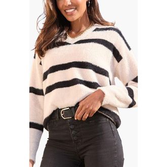 Lascana Fuzzy Knit Striped Sweater in Sand & Black at Nordstrom, Size 14