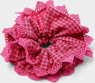 Simons Womens Crochet trim gingham ruffle scrunchie