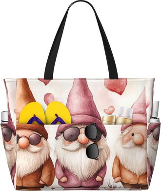 Generic Valentines Gnomes Print Large Beach Bag Foldable Travel Shoulder Tote Bag With Pocket For Weekender Pool Vacation