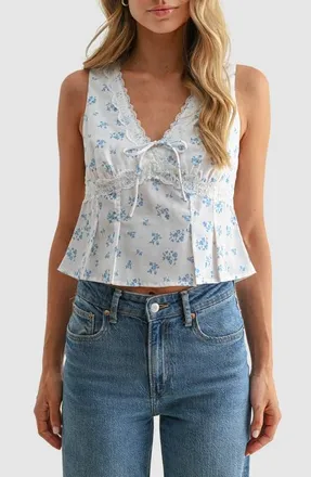 All in Favor Lace Trim Pleated Sleeveless Top in Ivory Blue at Nordstrom, Size X-Large