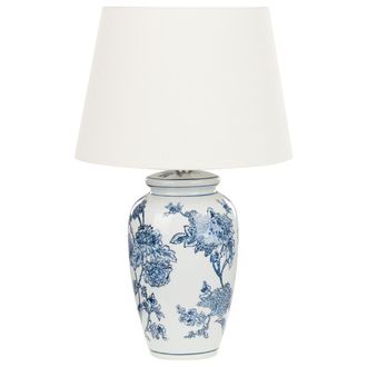 Beliani L&aacute;mpara De Mesita De Noche Cl&aacute;sica Con Pantalla De Tela De Lino Base De Porcelana En Forma De Tambor Blanco Y Azul Beluso