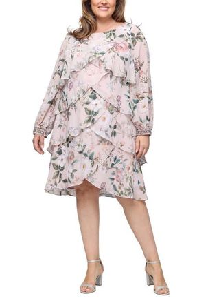 S.L. Fashions Floral Long Sleeve Tiered Cocktail Dress in Blush Multi at Nordstrom, Size 14W