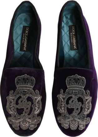 Dolce & Gabbana Mens Purple Velvet Crown Embroidery Loafers Shoes Leather
