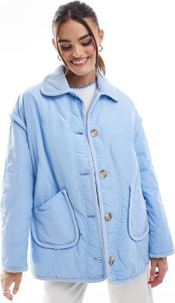 Threadbare Giacca trapuntata blu con dettagli in velluto a coste