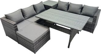 Fimous 7 Seater Outdoor Corner Sofa Dining Table Set Garden Rattan Furniture Set with Side Table Big Stool Dark Grey - Fimous