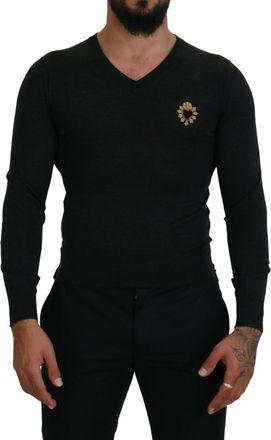 Dolce & Gabbana Mens Vneck Sweater Sacred Heart Appliqu - Black Cashmere - Size EU 44 (Mens)