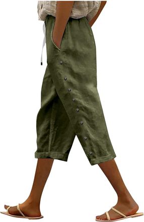 Generic Deals of The Day Sale Womens Cotton Linen Cropped Trousers Drawstring 3/4 Joggers Shorts with Pocket Wide Straight Leg Pants Baggy Casual Trousers Wal