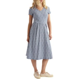 Seasalt Cornwall Pier View Floral Print Flare Stretch Organic Cotton Dress in Cornflowers Dark Voyage at Nordstrom, Size 14 Us