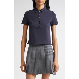 Thom Browne Milano Knit Cotton Polo with Anchor Embossed Buttons in Navy at Nordstrom, Size 40