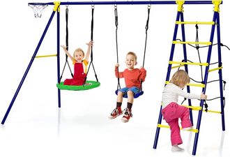 Costway Costway - Juego Columpio Jardin Exterior 5 En 1, 2 Columpios, 1 Aro De Baloncesto, 1 Red De Escalada, 1 Escalera, 295 X 138 X 176,5 Cm, Juego De Colum