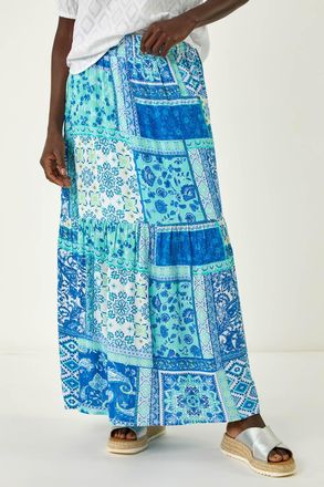 Roman Patchwork Shimmer Tiered Maxi Skirt