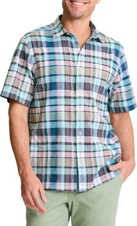 Tommy Bahama Barbados Breeze Tavira Check Short Sleeve Stretch Linen Blend Button-Up Shirt in Rococo Blue at Nordstrom, Size 3Xlt