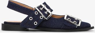 Ganni Blue Denim Feminine Buckle Ballerinas - Size 35 Recycled Cotton