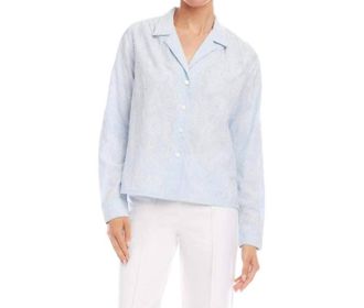 Karen Kane Long Sleeve Embellished Button-Up Shirt In Off White And Blue