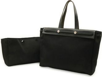 Herm&egrave;s Black Toile Officier Leather Shoulder Bag Tote Bag (Pre-Owned)
