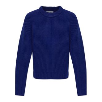 Jil Sander Round-neck Knitwear, female, Blue, Size: XL Wool Sweater With a Crew Neckline