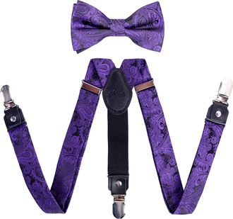 Alizeal Boys Adjustable Floral Paisley Pre-tied Bow Tie and Y Shape 3 Clips Braces Set, Dark purple