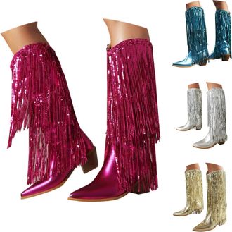 Generic Womens Fringe Half Boots, Shiny Sequin Western Style Cowgirl Boots with Layered Tassels, Comfort Mid Block Heel Short Shoes, Casual Classic Fashion Pa