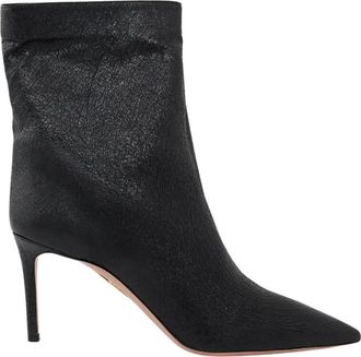 Aquazzura Zwarte leren enkellaarsjes Matignon 75 - Dames - Laarzen met Hak - Zwart - 39 1/2 EU - Leer - Schoenen