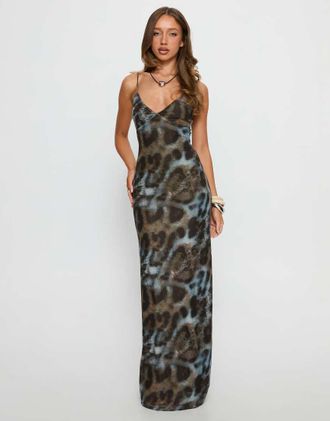 Princess Polly Saphrona - Vestito lungo con spalline sottili in rete marrone e turchese con stampa animalier