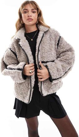 Asos Giacca grigia in pile a ricci con scollo a imbuto-Grigio