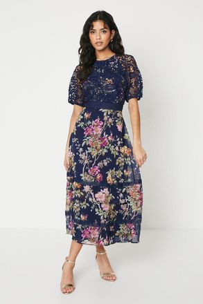 Oasis Womens Petite Occasion Floral Lace Bodice Midi Dress - Navy - Size 12 UK