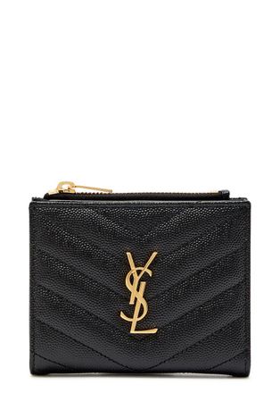 Saint Laurent Cassandre Pebbled Leather Wallet - Black - One Size