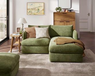 Castlery Ollie Storage Small Chaise Sectional Sofa, Right Facing, Moss Green, Removable Covers, Gaslift Storage