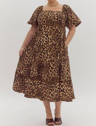 Entro Cheetah Print Square Neck Midi Dress - Plus In Camel