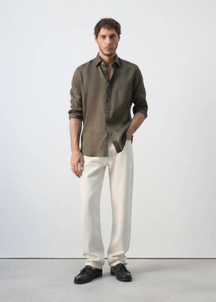 Mango Camicia regular fit 100% lino verde medio - Uomo - M - MANGO MAN