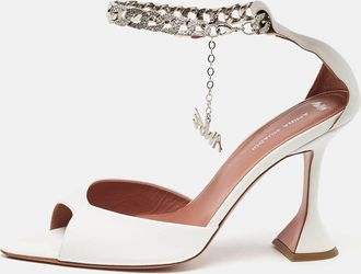 Amina Muaddi White Leather Ankle Strap Sandals